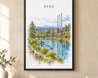 Bend Watercolor Print, Old Mill District Travel Poster, Oregon Wall Art, Framed Canvas