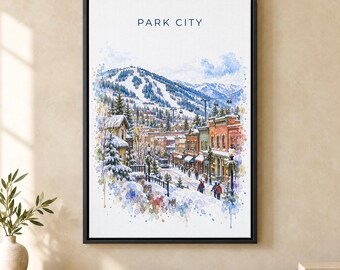 Park City Watercolor Print, Main Street Ski Lift Travel Poster, Utah Wall Art, Framed Canvas