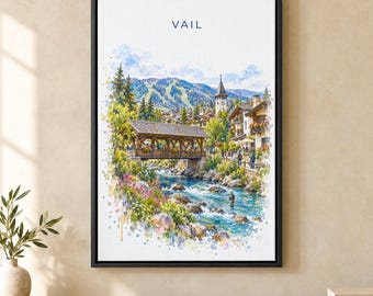 Vail Watercolor Print, Covered Bridge Village Travel Poster, Colorado Wall Art, Framed Canvas