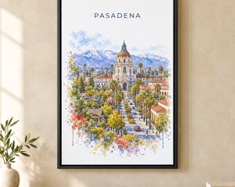 Pasadena Watercolor Print, City Hall Mountains Travel Poster, California Wall Art, Framed Canvas