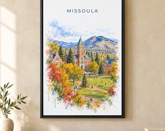 Missoula Watercolor Print, University Main Hall Travel Poster, Montana Wall Art, Framed Canvas
