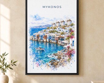 Mykonos Watercolor Print, Windmills Little Venice Travel Poster, Greece Wall Art, Framed Canvas