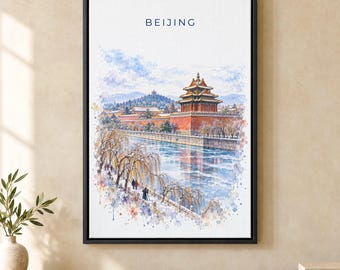 Beijing Watercolor Print, Forbidden City Travel Poster, China Wall Art, Framed Canvas