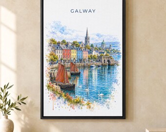 Galway Watercolor Print, Long Walk Travel Poster, Ireland Wall Art, Framed Canvas