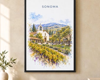 Sonoma Watercolor Print, Plaza Mission Vineyard Travel Poster, California Wall Art, Framed Canvas