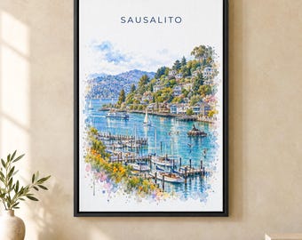 Sausalito Watercolor Print, Richardson Bay Marina Travel Poster, California Wall Art, Framed Canvas