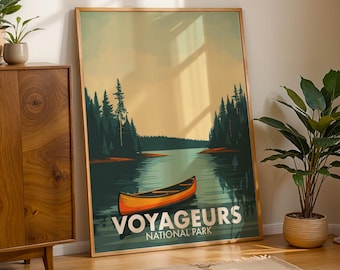 Voyageurs nationalpark-affisch, modernt retro-resekonsttryck från mitten av århundradet