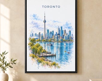 Toronto Watercolor Print, CN Tower Travel Poster, Canada Wall Art, Framed Canvas