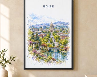 Boise Watercolor Print, Idaho Capitol Travel Poster, Idaho Wall Art, Framed Canvas