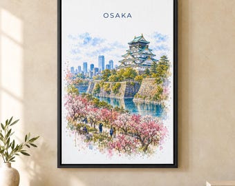 Osaka Watercolor Print, Osaka Castle Travel Poster, Japan Wall Art, Framed Canvas