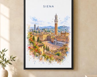 Siena Watercolor Print, Piazza del Campo Travel Poster, Italy Wall Art, Framed Canvas