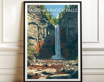 Könnte beinhalten: Ein vertikaler Kunstdruck in einem schwarzen Rahmen, der die Taughannock Falls in New York zeigt. Die Illustration zeigt einen hohen Wasserfall, der zwischen steilen, geschichteten Felsklippen herabstürzt, mit grünen Bäumen oben und einem felsigen Bachbett.