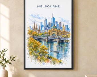 Melbourne Watercolor Print, Flinders Street Station Travel Poster, Australia Wall Art, Framed Canvas