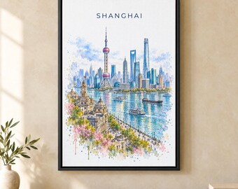 Shanghai Watercolor Print, Oriental Pearl Tower Travel Poster, China Wall Art, Framed Canvas