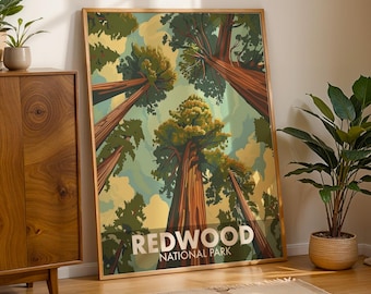 Redwood nationalpark-affisch, retro resetryck, modern väggkonst från mitten av århundradet