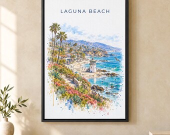 Laguna Beach Watercolor Print, Main Beach Lifeguard Tower Travel Poster, California Wall Art, Framed Canvas