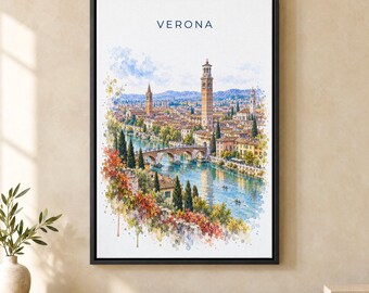 Verona Watercolor Print, Ponte Pietra Travel Poster, Italy Wall Art, Framed Canvas