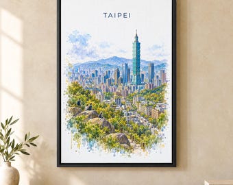 Taipei Watercolor Print, Taipei 101 Travel Poster, Taiwan Wall Art, Framed Canvas