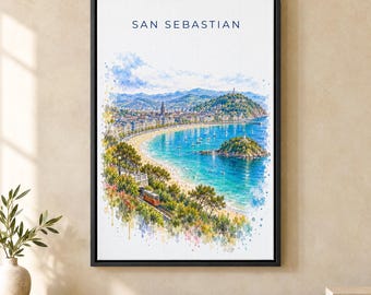 San Sebastian Watercolor Print, La Concha Bay Travel Poster, Spain Wall Art, Framed Canvas