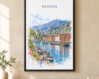 Bergen Watercolor Print, Bryggen Harbor Travel Poster, Norway Wall Art, Framed Canvas