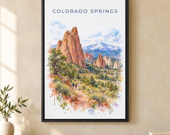 Colorado Springs Watercolor Print, Garden of the Gods Travel Poster, Colorado Wall Art, Framed Canvas