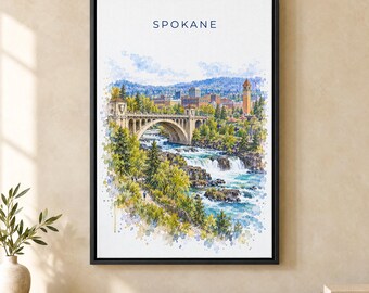 Spokane Watercolor Print, Monroe Street Bridge Travel Poster, Washington Wall Art, Framed Canvas