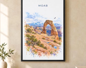 Moab Watercolor Print, Delicate Arch Travel Poster, Utah Wall Art, Framed Canvas