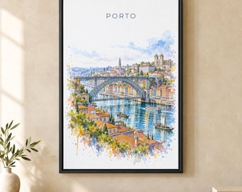 Porto Watercolor Print, Dom Luis Bridge Travel Poster, Portugal Wall Art, Framed Canvas