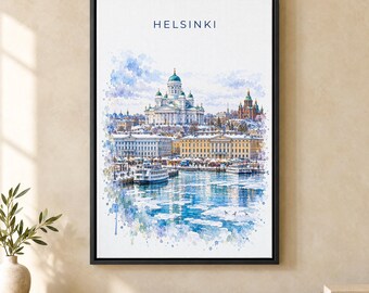 Helsinki Watercolor Print, Helsinki Cathedral Travel Poster, Finland Wall Art, Framed Canvas