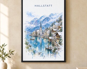 Hallstatt Watercolor Print, Lakeside Church Travel Poster, Austria Wall Art, Framed Canvas