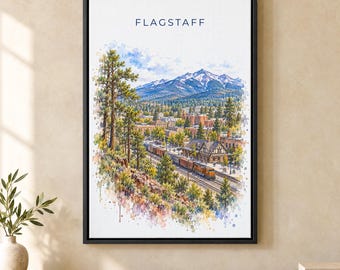 Flagstaff Watercolor Print, San Francisco Peaks Travel Poster, Arizona Wall Art, Framed Canvas