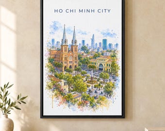 Ho Chi Minh City Watercolor Print, Saigon Cathedral Travel Poster, Vietnam Wall Art, Framed Canvas