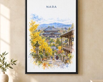 Nara Watercolor Print, Todaiji Temple Travel Poster, Japan Wall Art, Framed Canvas