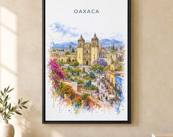 Oaxaca Watercolor Print, Santo Domingo Church Travel Poster, Mexico Wall Art, Framed Canvas