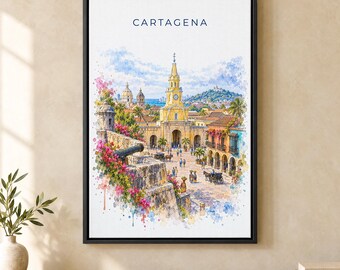 Cartagena Watercolor Print, Clock Tower Old City Travel Poster, Colombia Wall Art, Framed Canvas