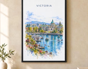 Victoria Watercolor Print, Inner Harbour Parliament Travel Poster, Canada Wall Art, Framed Canvas