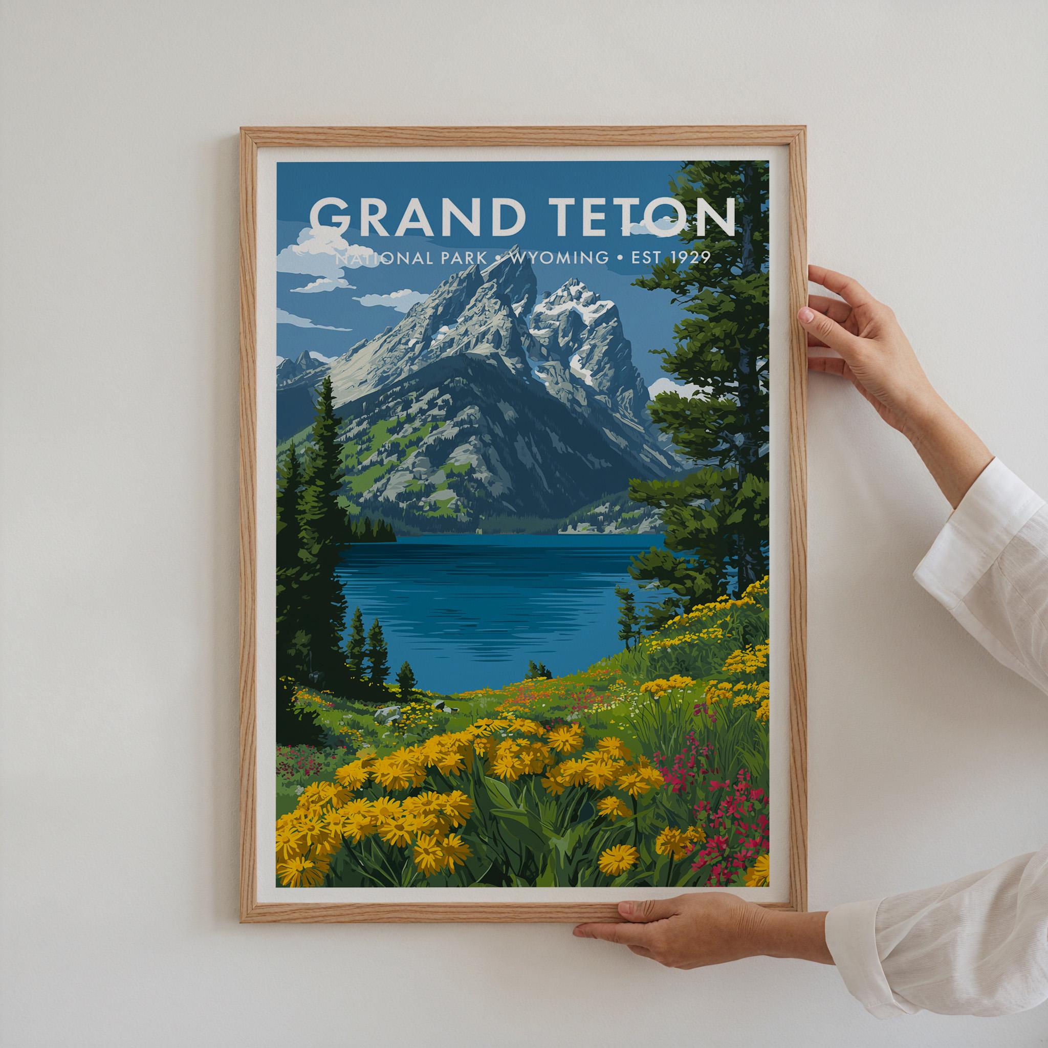 Grand Teton National Park Poster, Nature Landscape Wall Art, Retro