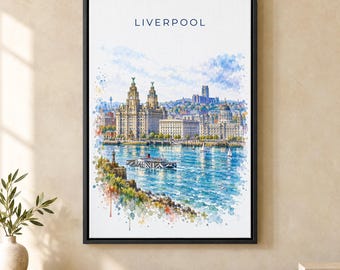 Liverpool Watercolor Print, Royal Liver Building Travel Poster, England Wall Art, Framed Canvas