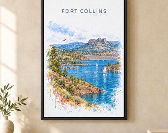 Fort Collins Watercolor Print, Horsetooth Rock Travel Poster, Colorado Wall Art, Framed Canvas