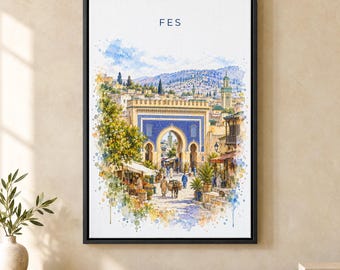 Fes Watercolor Print, Blue Gate Medina Travel Poster, Morocco Wall Art, Framed Canvas