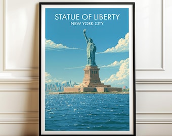 Könnte beinhalten: Ein gerahmter Kunstdruck mit einer stilisierten Illustration der Freiheitsstatue in New York City. Das Bild zeigt die Statue auf ihrem Sockel, umgeben von blauem Wasser, einem klaren Himmel mit weißen Wolken und der fernen Skyline der Stadt.