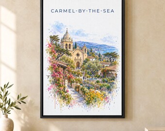 Carmel-by-the-Sea Watercolor Print, Carmel Mission Travel Poster, California Wall Art, Framed Canvas