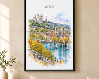 Lyon Watercolor Print, Fourviere Basilica Travel Poster, France Wall Art, Framed Canvas