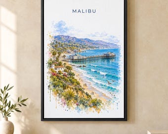 Malibu Watercolor Print, Malibu Pier Surf Travel Poster, California Wall Art, Framed Canvas