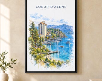 Coeur d'Alene Watercolor Print, Lake Resort Marina Travel Poster, Idaho Wall Art, Framed Canvas