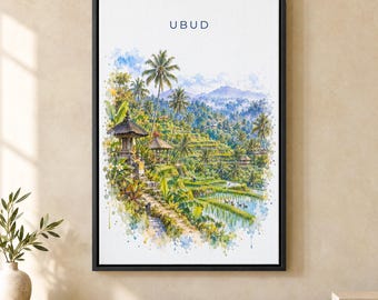 Ubud Watercolor Print, Rice Terraces Travel Poster, Indonesia Wall Art, Framed Canvas