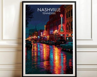 May include: A framed wall art print depicting a rainy Nashville, Tennessee street scene at night. The image features glowing neon guitar signs, colorful building facades, and vibrant reflections of red, orange, and blue lights on the wet pavement.