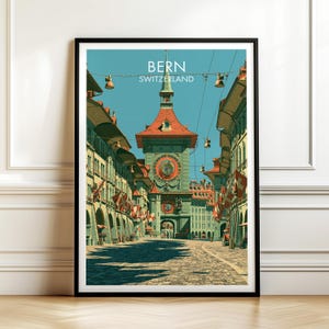 Zytglogge Bern Schweiz reseaffisch vintage, Gamla stans klocktorn, Europa väggkonst