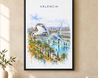 Valencia Watercolor Print, City of Arts and Sciences Travel Poster, Spain Wall Art, Framed Canvas