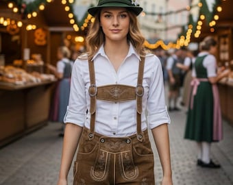 Puede incluir: Una persona con vestimenta bávara tradicional. Lleva una camisa blanca, pantalones cortos de cuero marrón con tirantes y un sombrero verde con una pluma y una flor. El fondo muestra un mercado al aire libre festivo.